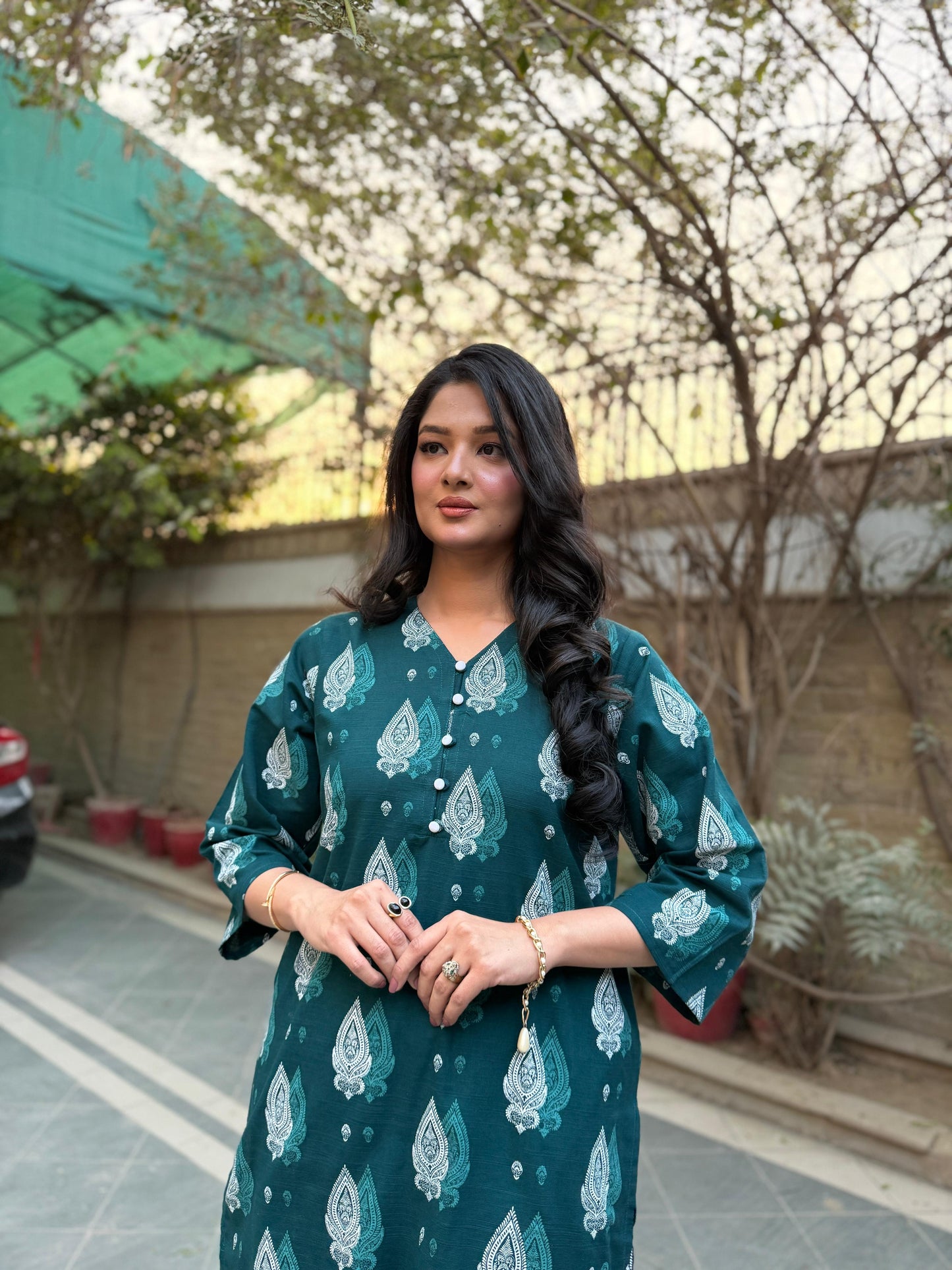 Emerald Elegance -  Khaddar 2PC Printed Dress