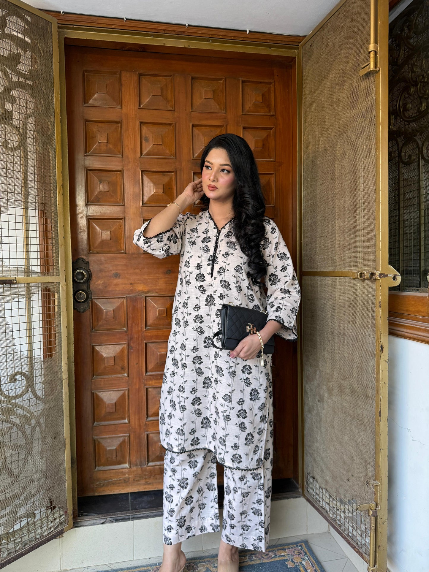 Black accents - Khaddar 2 PC Printed Dress