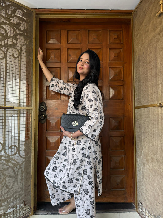 Black accents - Khaddar 2 PC Printed Dress